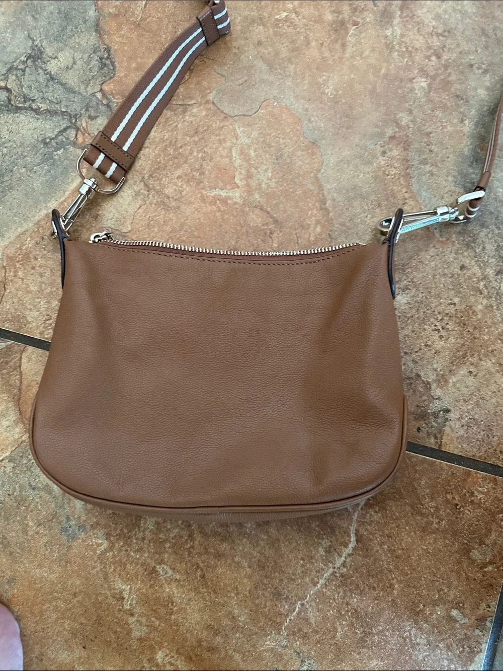kate spade tan leather crossbody with striped shoulder strap